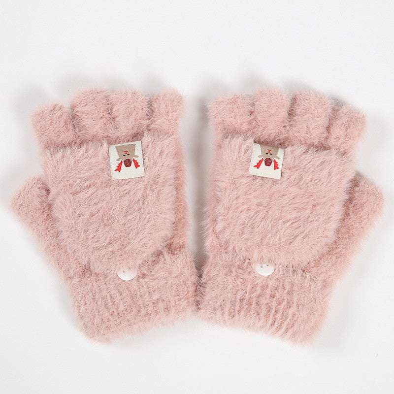 Plush Winter Half Finger Flap Warm Thickened Mink Like Knitting Gloves - globaltradeleader