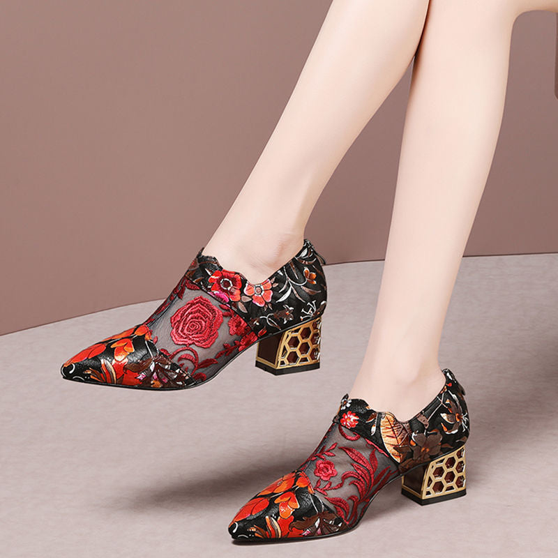 Ethnic Wind Rhinestone Mid-heel Mesh Slippers - globaltradeleader