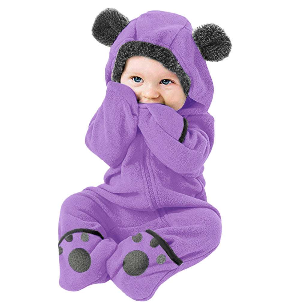 Boys And Girls Bear Feet Polar Fleece Hooded Bodysuit