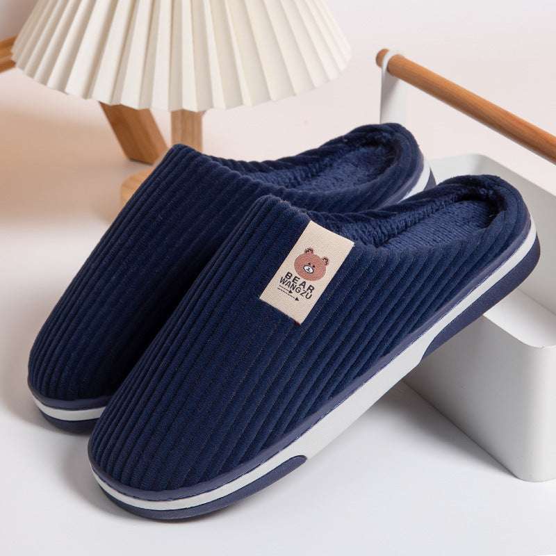 Solid Color Striped Slippers For Women Thick-soled Anti-slip Indoor Warm Plush Home Shoes Couple Women Men Slipper Winter - globaltradeleader