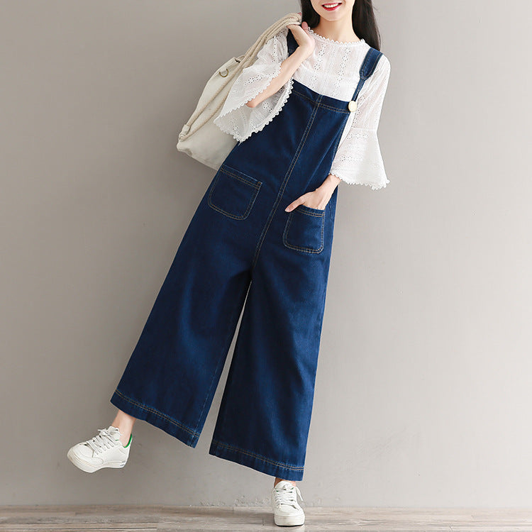 Women's Loose Large Size Cropped Pants Wide Leg Denim Brace Trousers