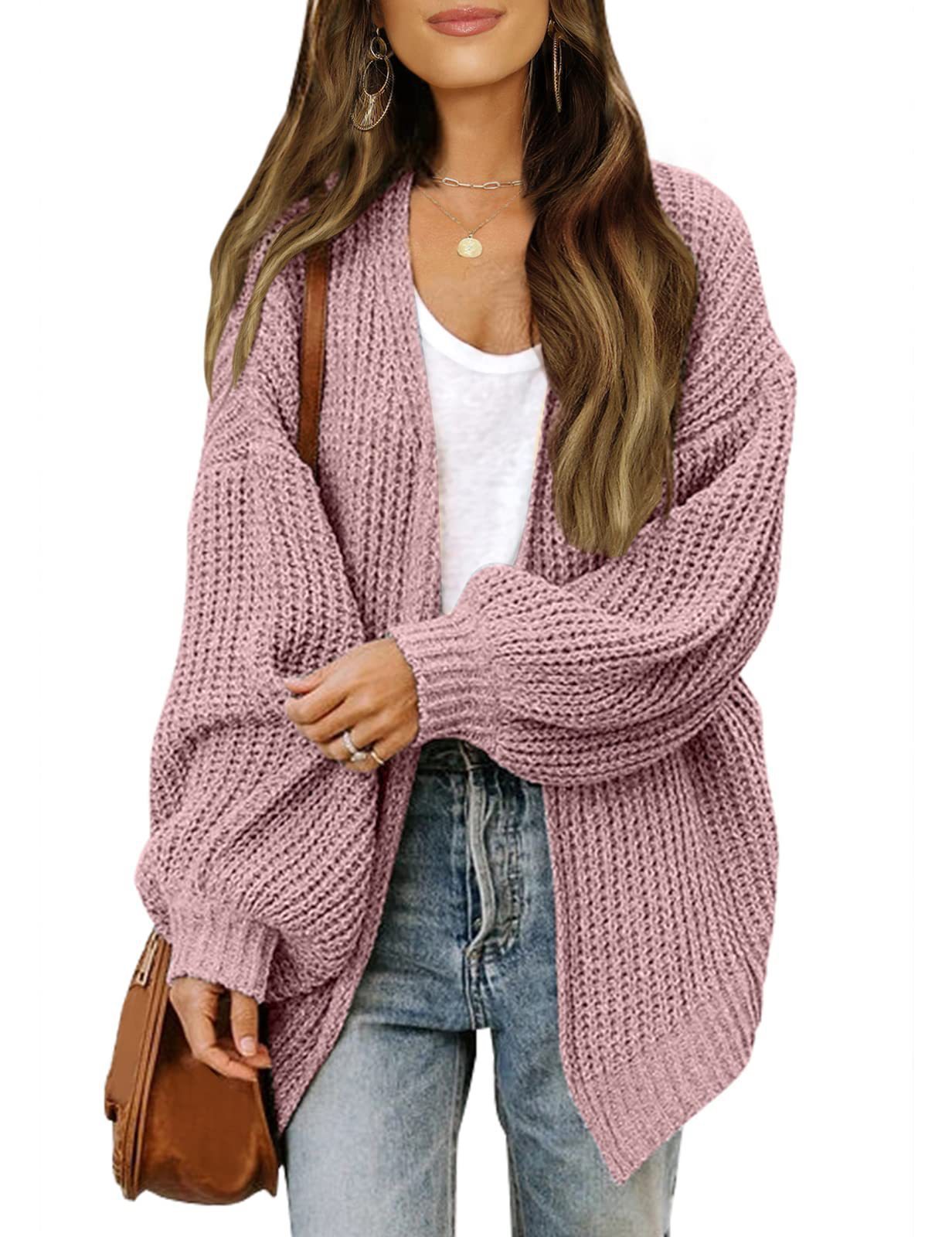 Fashion Lantern-sleeved Sweater With Pockets Casual Loose Solid Knit Cardigan Autumn Tops Womens Clothing - globaltradeleader