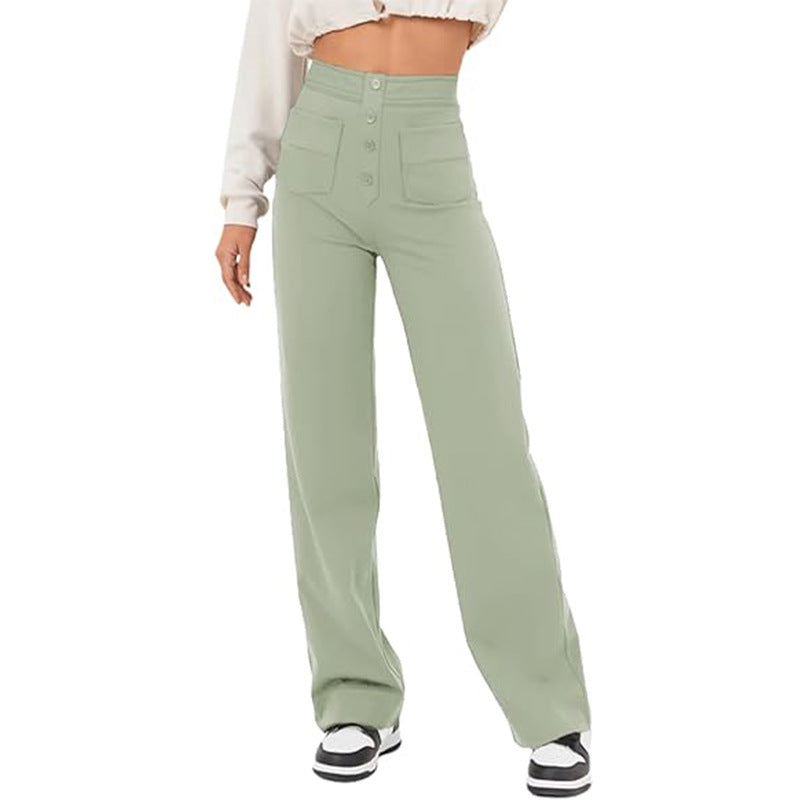 High Waist Trousers With Pockets Casual Loose Wide Leg Button Straight Pants Women's Clothing - globaltradeleader