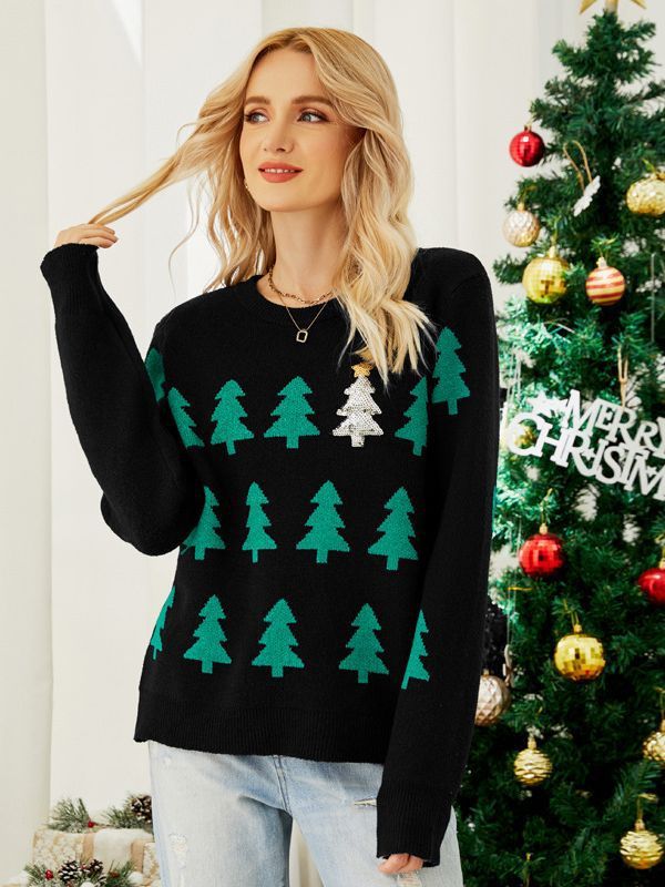 Women's Jacquard Christmas Tree Long Sleeve Red Christmas Sweater - globaltradeleader