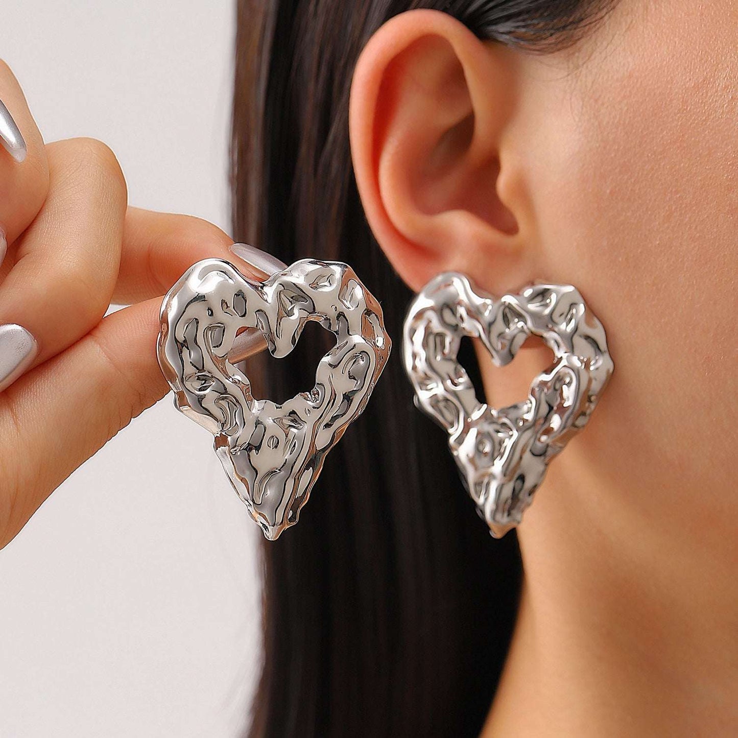 New Pleated Lava Hollow Heart-shaped Earrings Personality Exaggerated Love Earrings For Women Valentine's Day Jewelry - globaltradeleader
