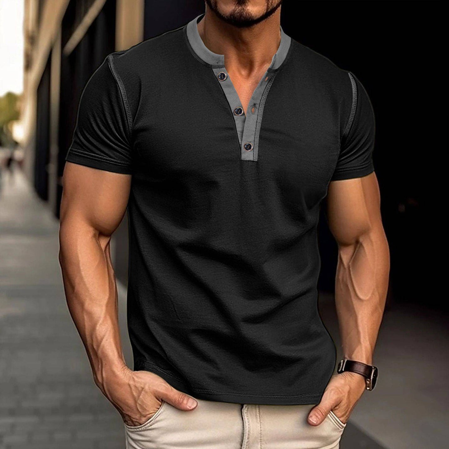 Fashion Short-sleeved Polo Shirt Summer Button V-neck T-shirt Tops Mens Clothing - globaltradeleader