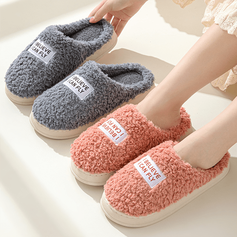 Letter Design Thick Sole Home Slippers Indoor Outside Slides Winter Warm Fluffy Slippers Non-Slip Fur Cotton Shoes Ladies Couples