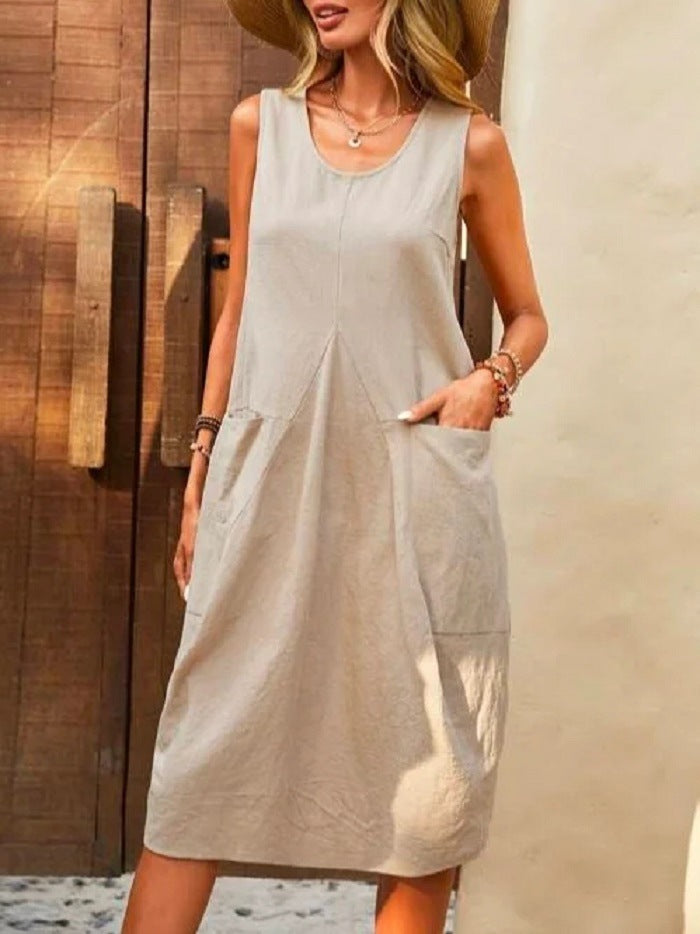 Sleeveless U-neck Dress With Pockets Design Casual Solid Color Loose Dresses Summer Fashion Womens Clothing - globaltradeleader