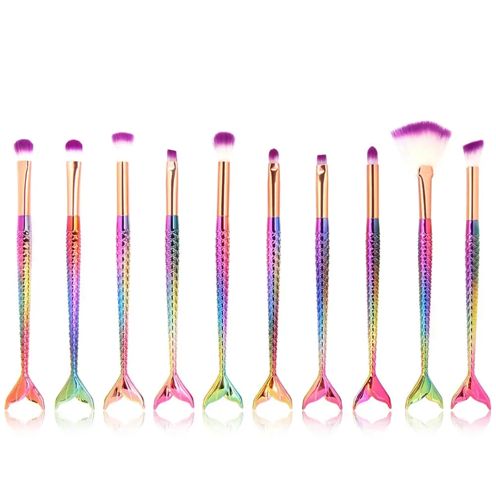 10 Mermaid Makeup Brushes Colorful Fish Scales Eye Brushes Beauty Tools