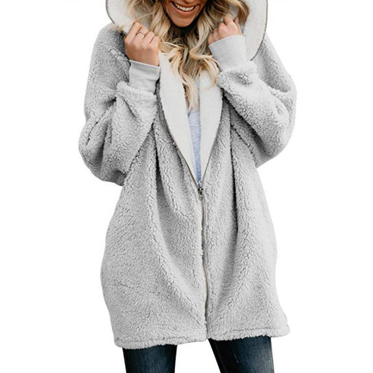 Autumn And Winter Hooded Zipper Cardigan Fur Coat Plush Sweatshirt