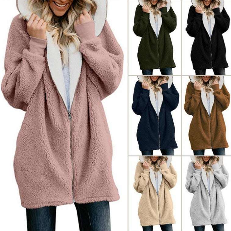 Autumn And Winter Hooded Zipper Cardigan Fur Coat Plush Sweatshirt