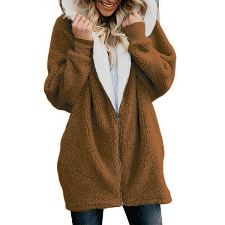 Autumn And Winter Hooded Zipper Cardigan Fur Coat Plush Sweatshirt