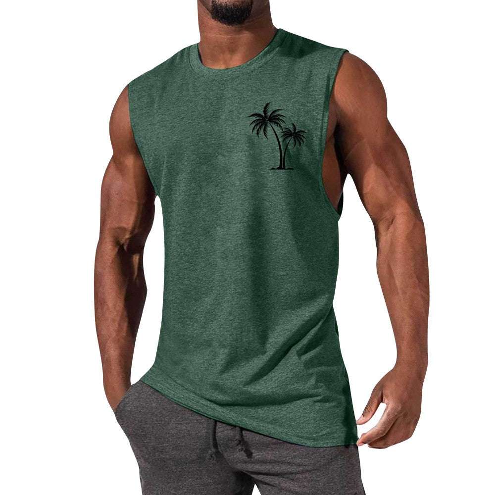 Coconut Tree Embroidery Vest Summer Beach Tank Tops Workout Muscle Men Sports Fitness T-shirt - globaltradeleader