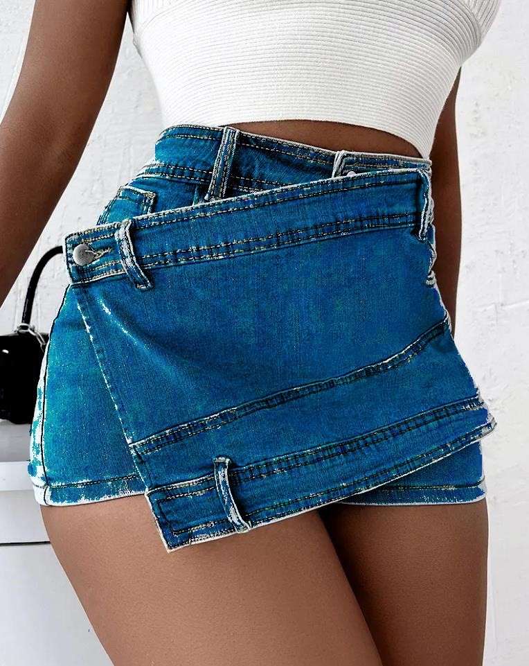 Street Vintage Denim Shorts Stretch Overlap Waist Wrap Solid Asymmetrical Hem A-Line Skinny Mini Skorts Skirt - globaltradeleader