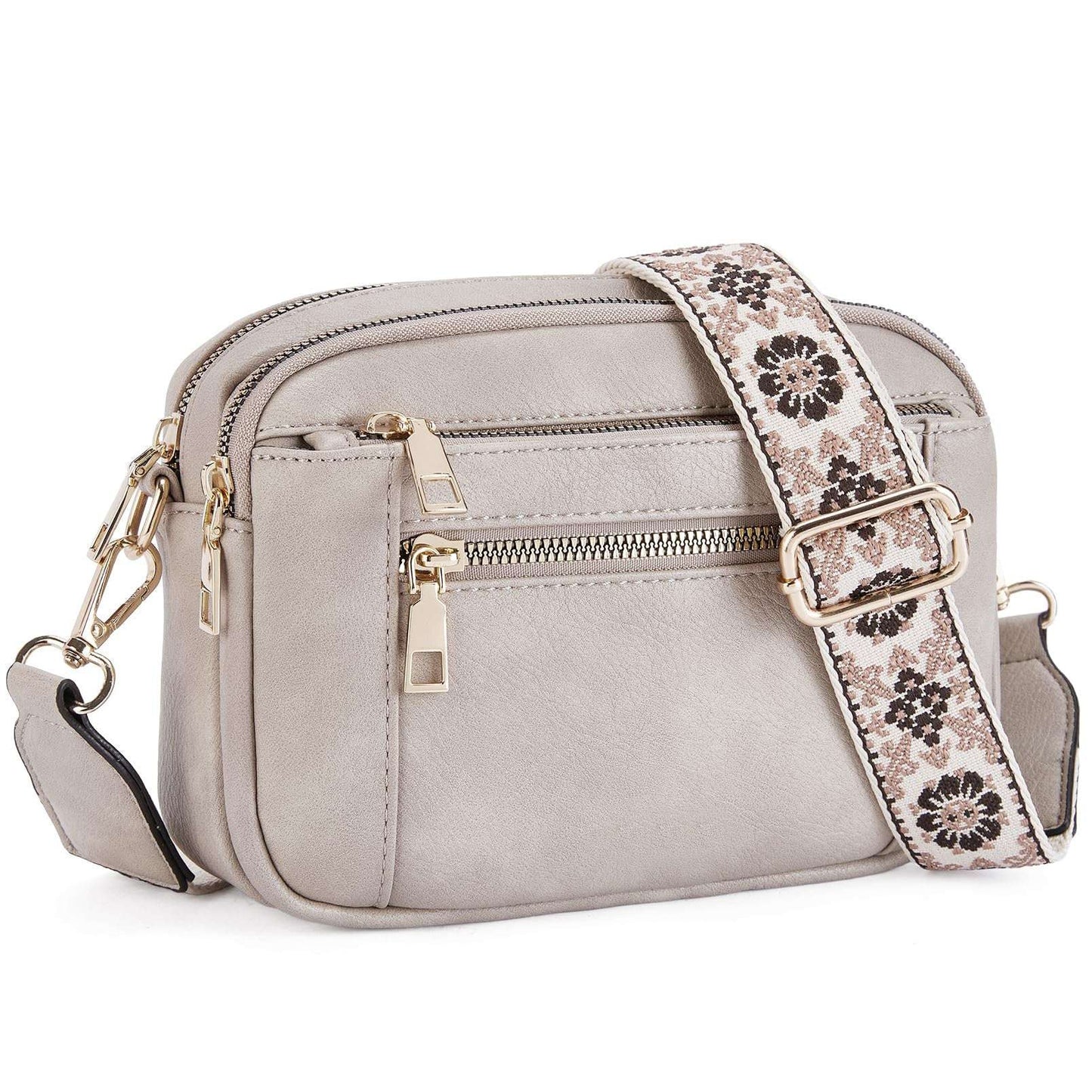 Triple-zipper Shoulder Bag With Floral Embroidered Straps Fashion Colorblock Multi-functional Crossbody Bags For Women - globaltradeleader