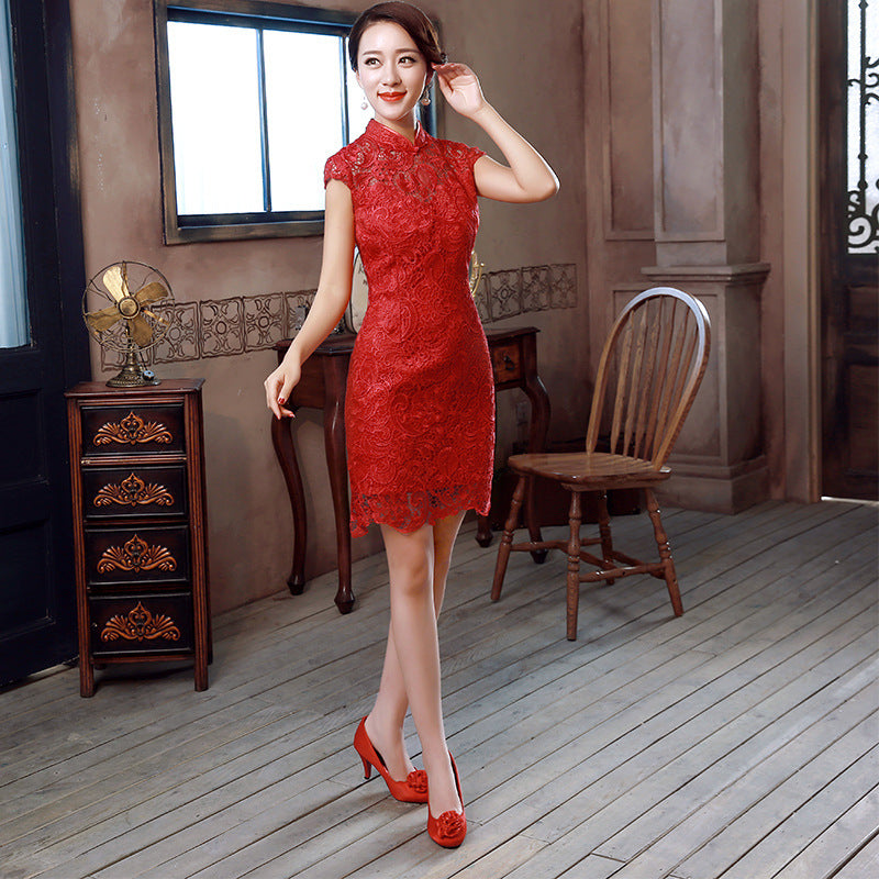 Retro slim lace short wedding cheongsam