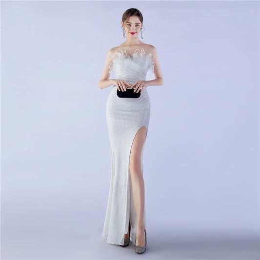 Ostrich Feather Shrink Folding Wrinkle Craft Host High-end Evening Dress - globaltradeleader
