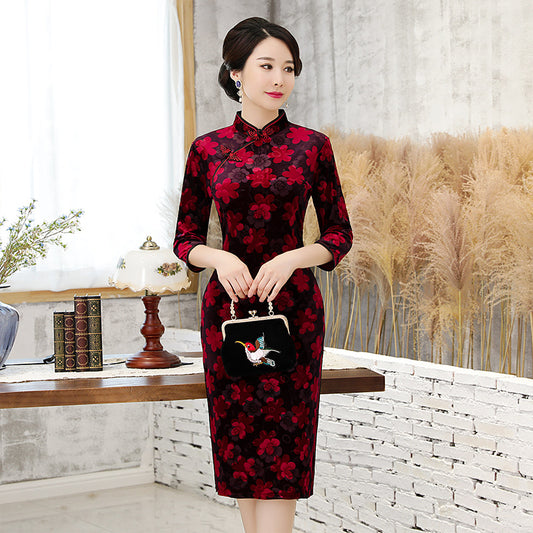 Velvet embossed cheongsam