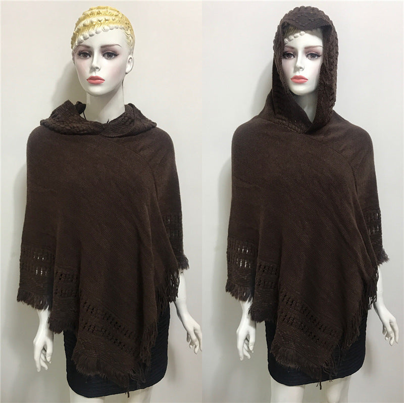 Solid Color Hollow Tassel Plus Size Cape And Shawl