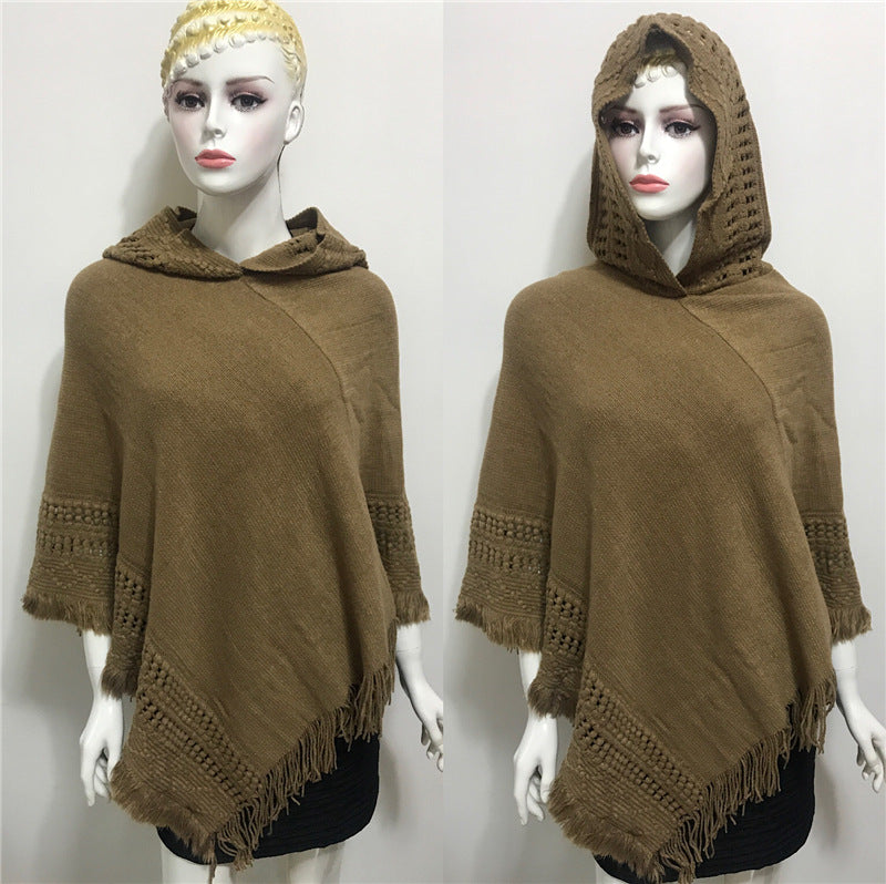 Solid Color Hollow Tassel Plus Size Cape And Shawl