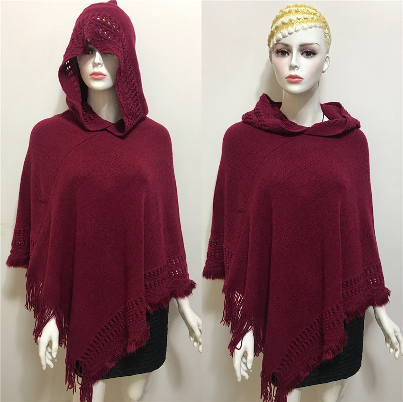 Solid Color Hollow Tassel Plus Size Cape And Shawl