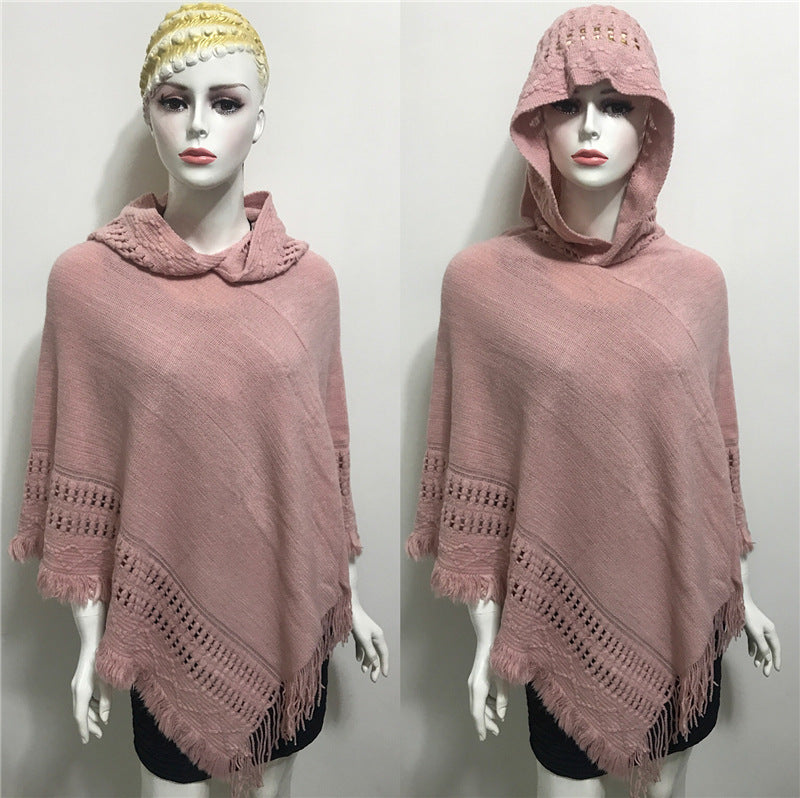 Solid Color Hollow Tassel Plus Size Cape And Shawl