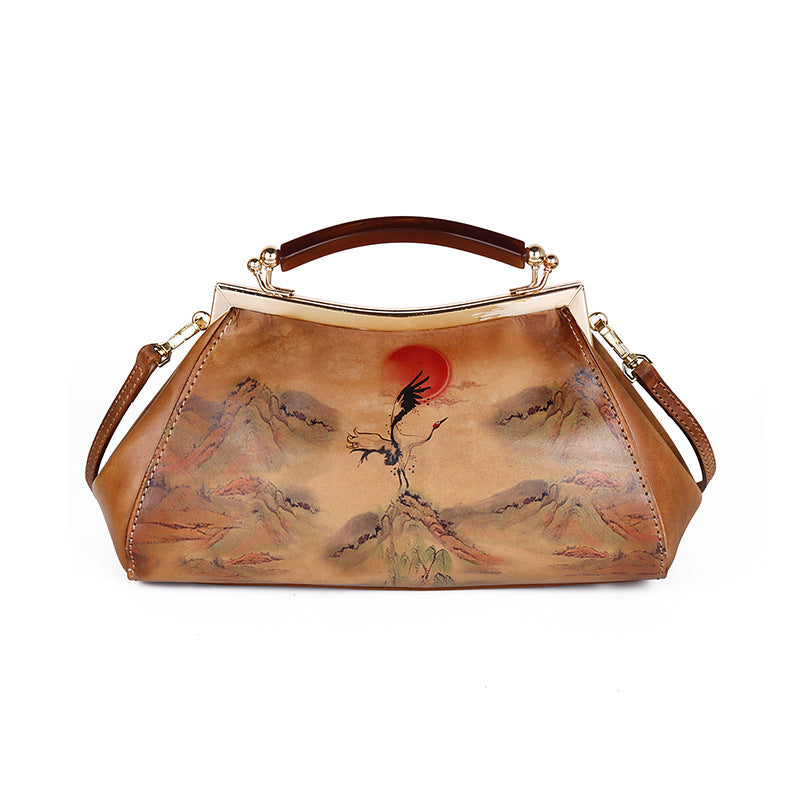 Female bag cheongsam cowhide embossed red sun crane hand rub color clip bag