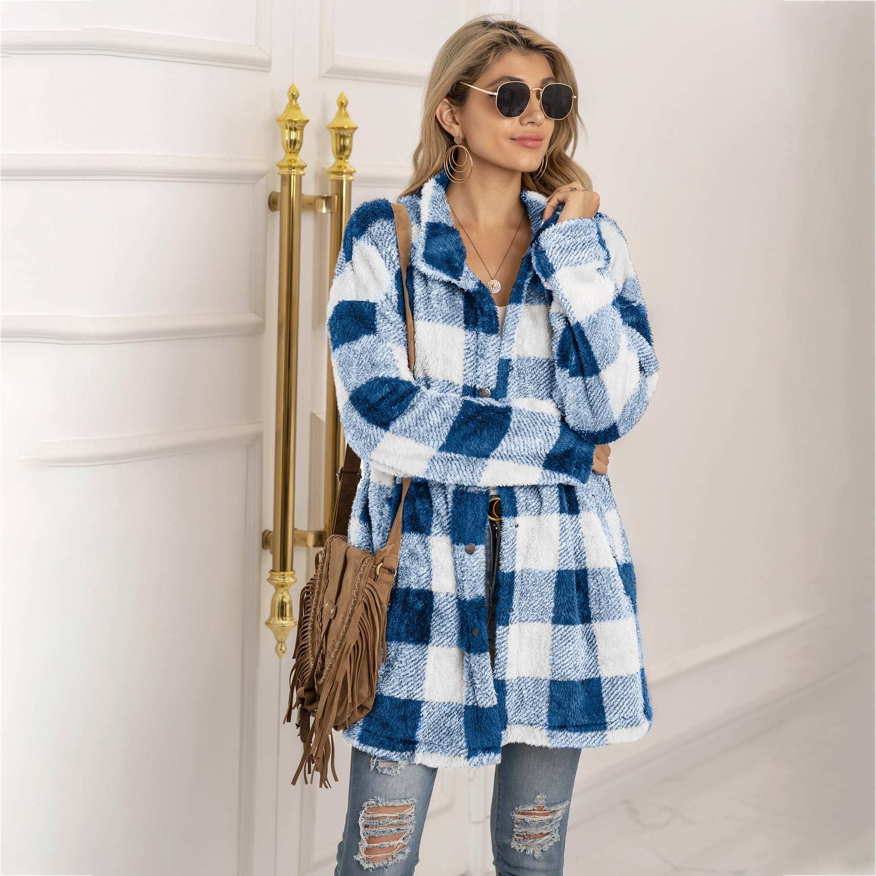 Colorblock Plaid Fleece Jacket Fashion Single Breasted Long Jacket Women's Clothing - globaltradeleader