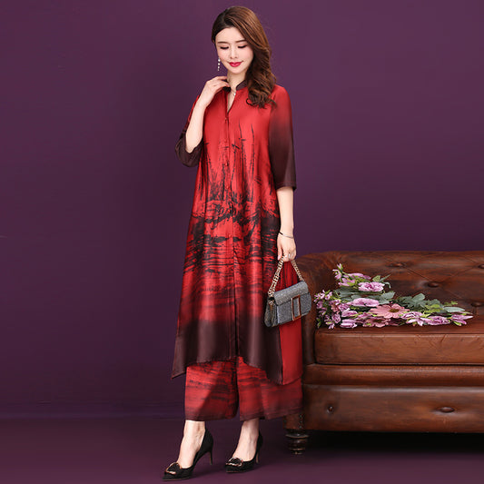 Cheongsam wide leg pants suit