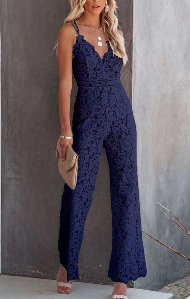 Solid Color Lace Stitching Sleeveless Casual Suspender Jumpsuit - globaltradeleader