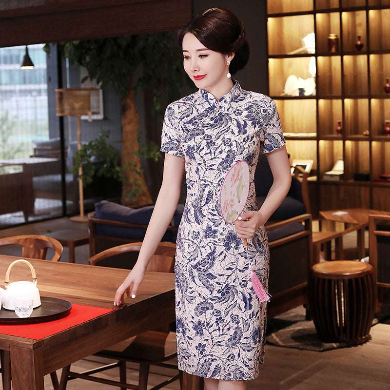 Blue And White Porcelain Retro Slim Improved Cheongsam