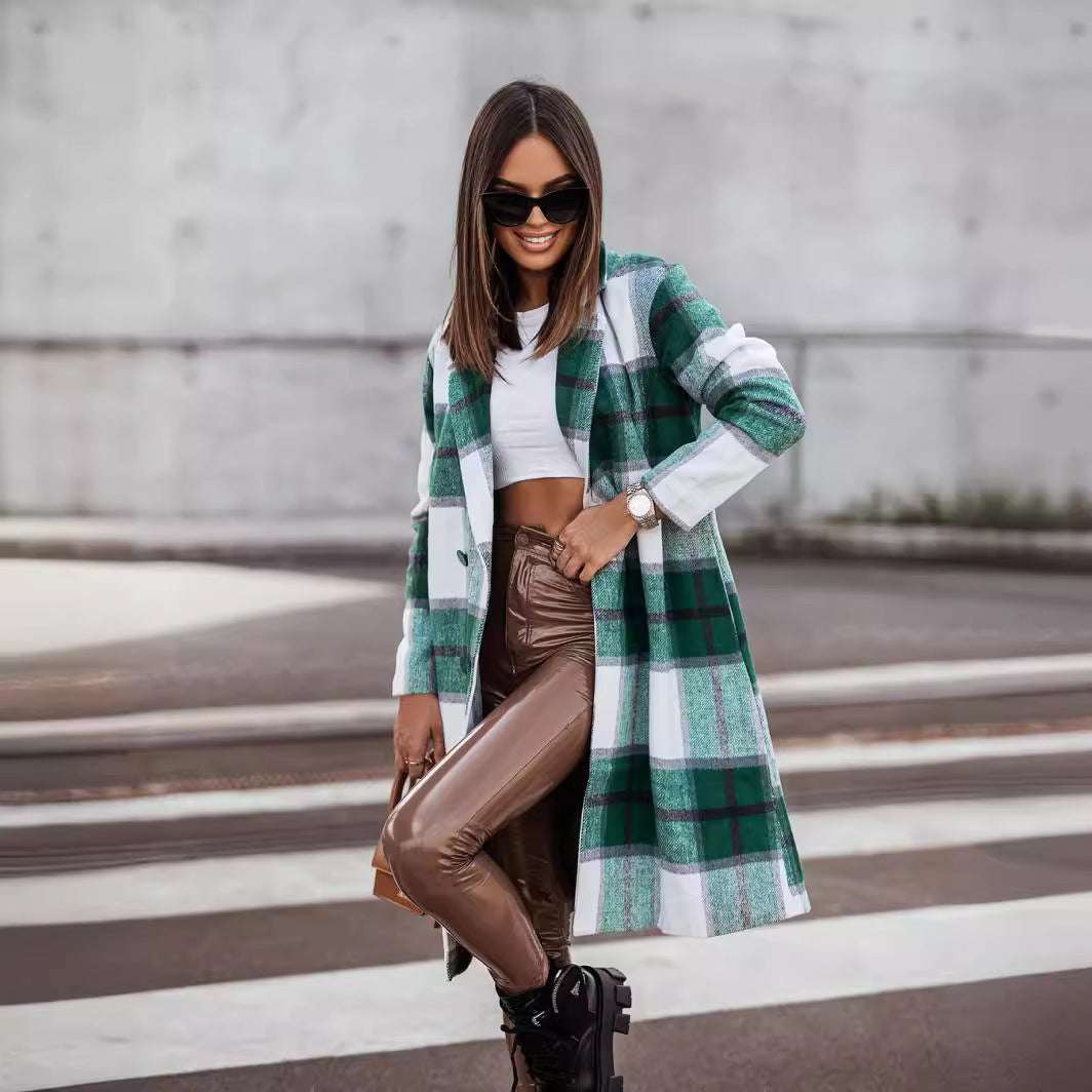 European And American Fall Winter Fashion Brushed Mid-length Plaid Wool Coat - globaltradeleader