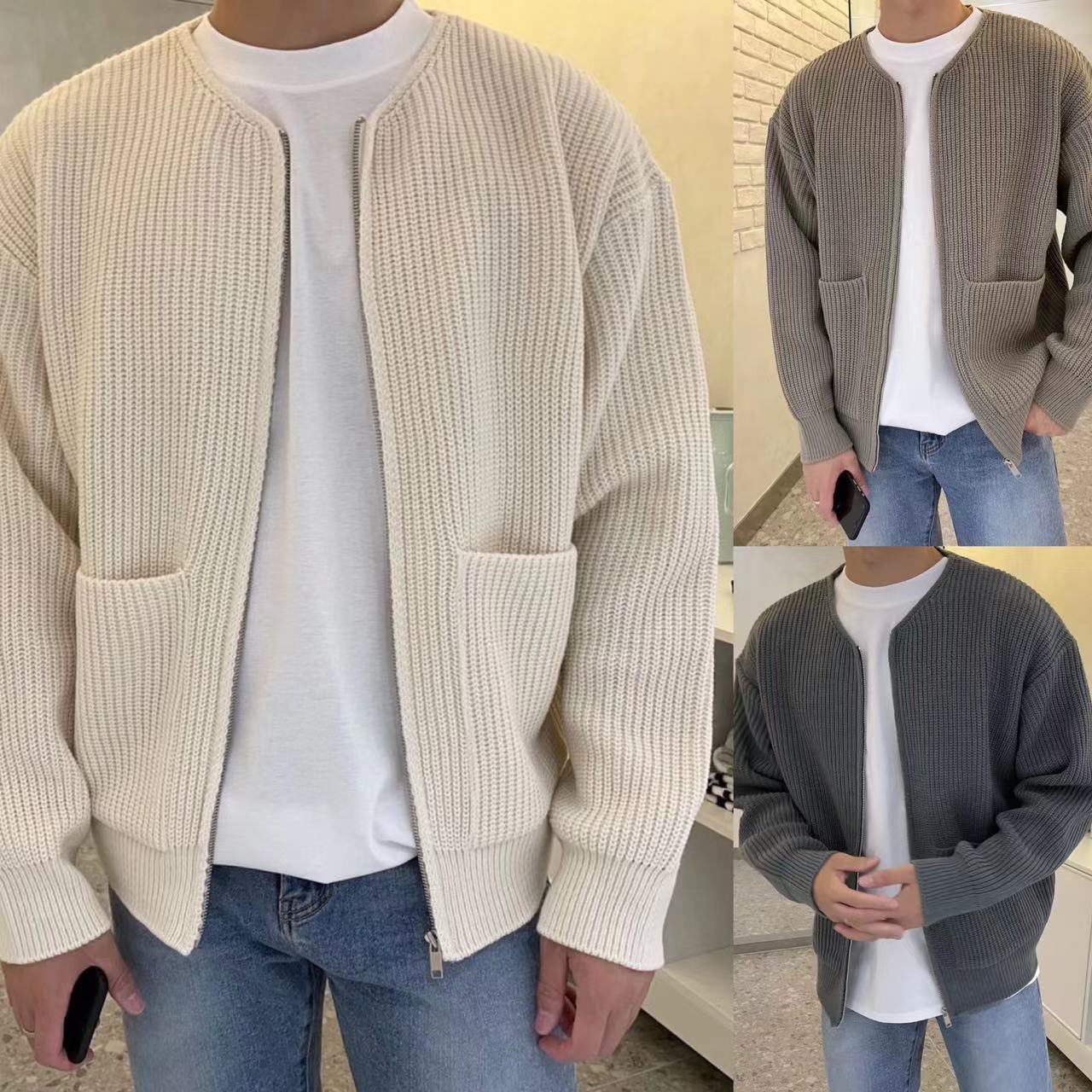 Men Zip Up Knitted Cardigan Lined Funnel Neck Jumper Sweater Pockets Coat All Seasons Comfortable Soft Long Sleeve - globaltradeleader