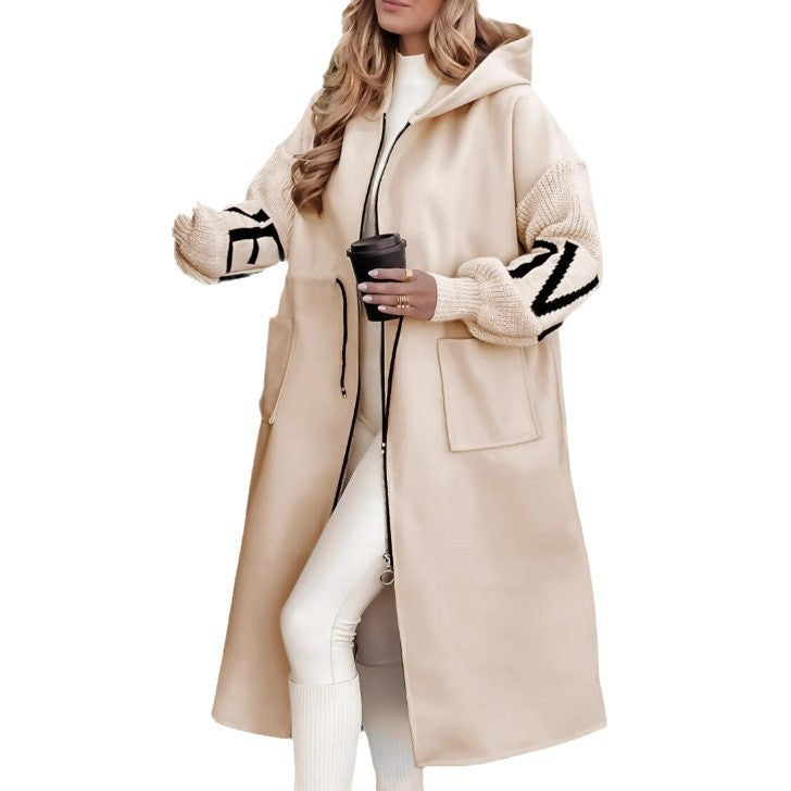 Hooded Windbreaker Long Jacket With Pockets And Drawstring Design Solid Color Knit-Sleeved Trench Coat For Women Clothing Fall Winter - globaltradeleader