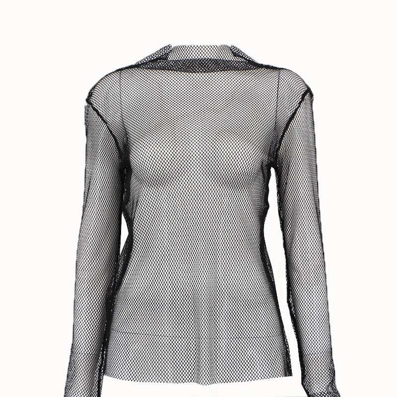 Women's Clothing Spring And Summer Top Solid Color Collar Long Sleeve Mesh Perspective Base T-shirt