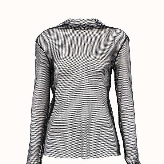 Women's Clothing Spring And Summer Top Solid Color Collar Long Sleeve Mesh Perspective Base T-shirt