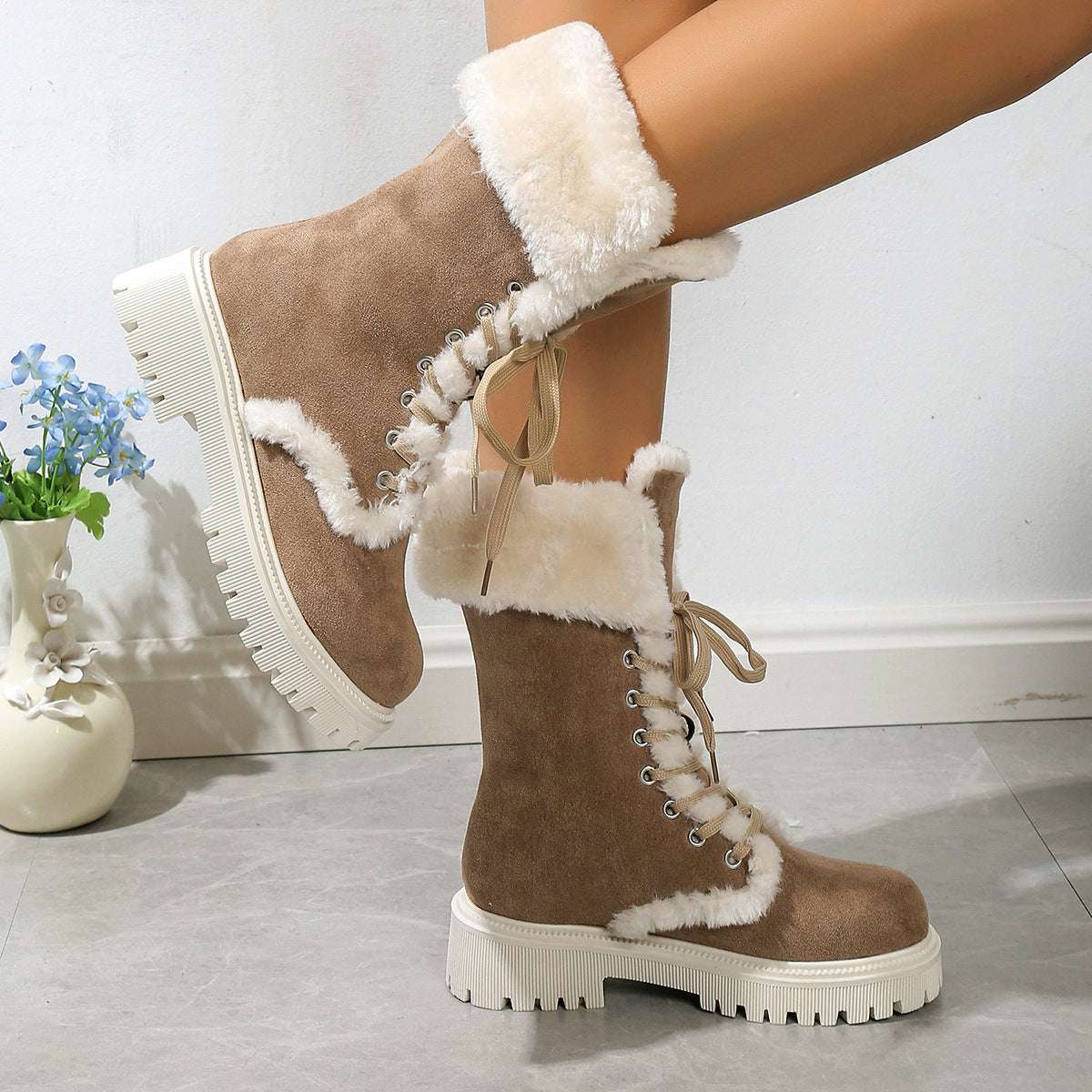 Winter Lace-up Snow Boots For Women Mid-tube Fleece Shoes Warm Chunky Heels Plush Boot - globaltradeleader