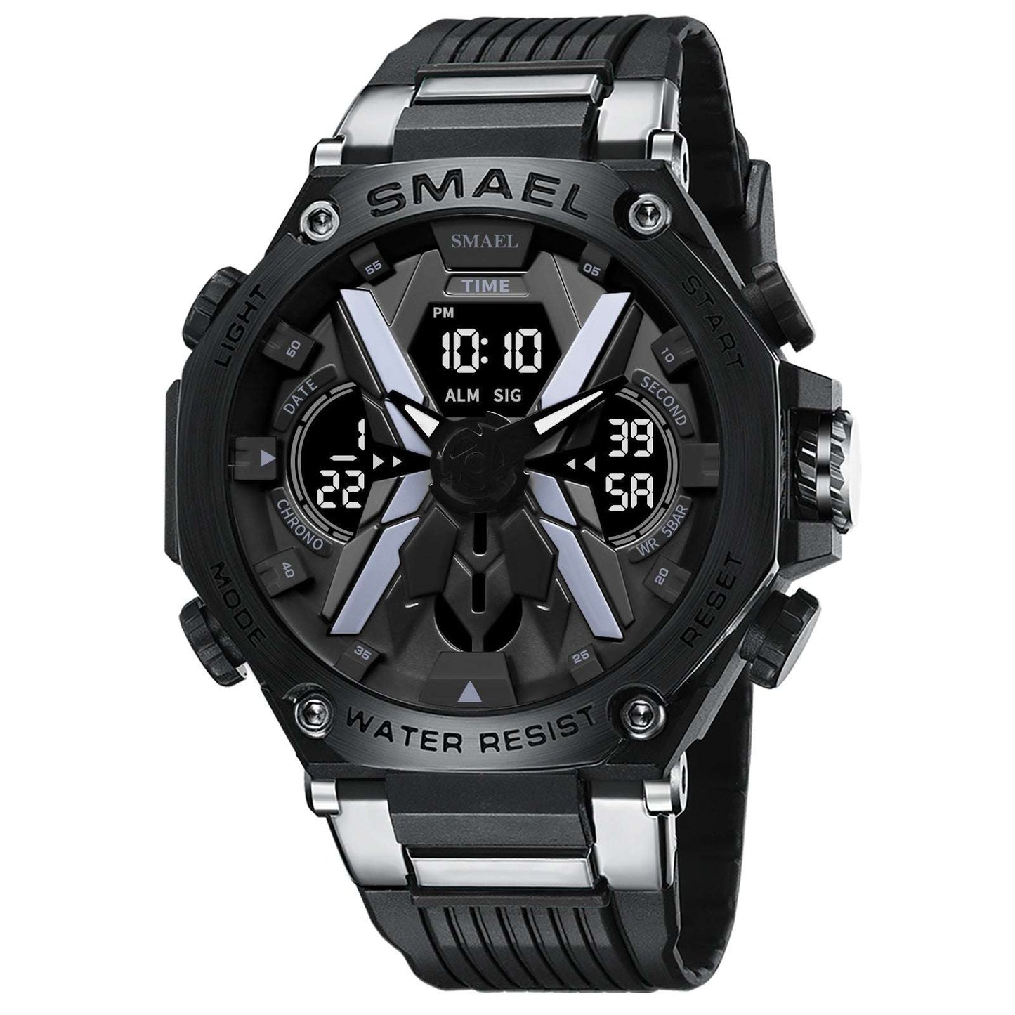 Multifunctional Digital Double Display Waterproof Alloy Sports Men Quartz Watch