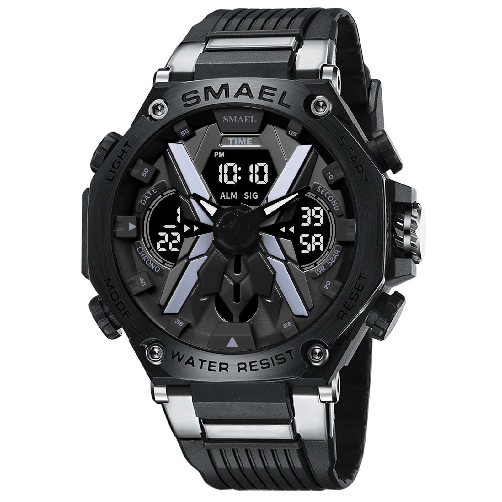 Multifunctional Digital Double Display Waterproof Alloy Sports Men Quartz Watch