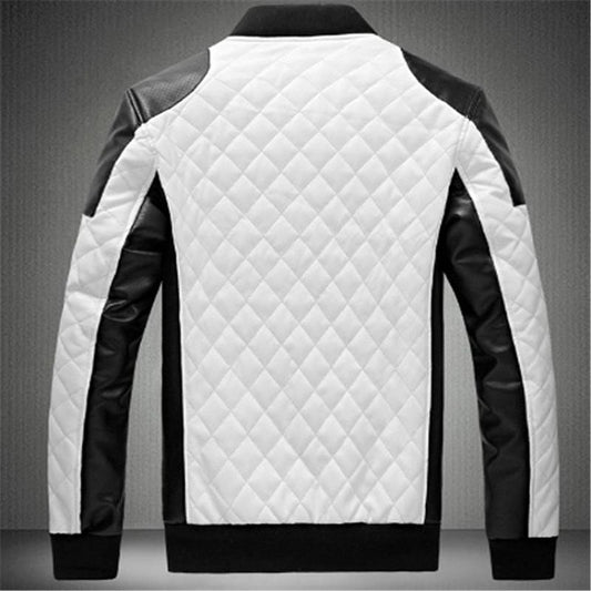 Men's Stand Collar Diamond PU Leather Jacket Coat Black And White Color Matching Large Size Motorcycle Leather Jacket