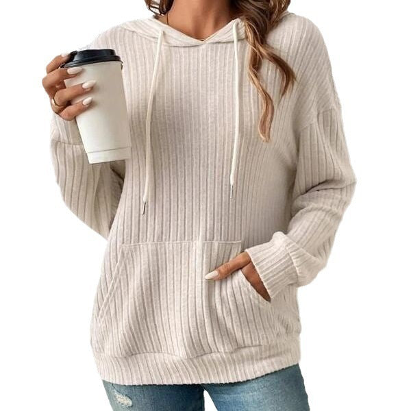 Fashion Drawstring Long-sleeved Hooded Sweatshirt With Pockets Solid Sunken Stripe Hoodie Knitwear Womens Clothing - globaltradeleader