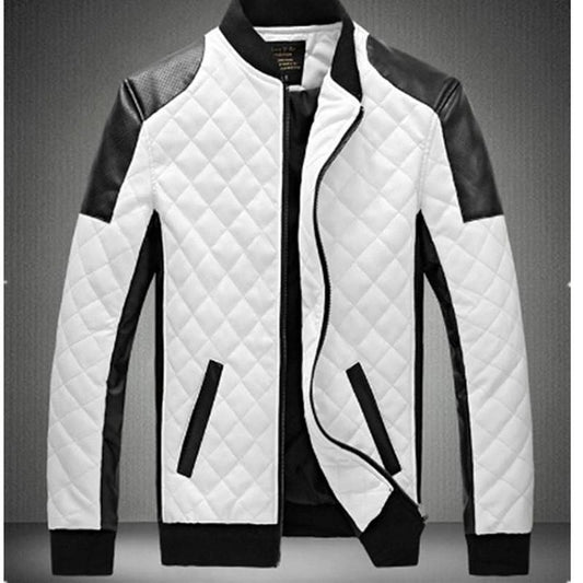 Men's Stand Collar Diamond PU Leather Jacket Coat Black And White Color Matching Large Size Motorcycle Leather Jacket