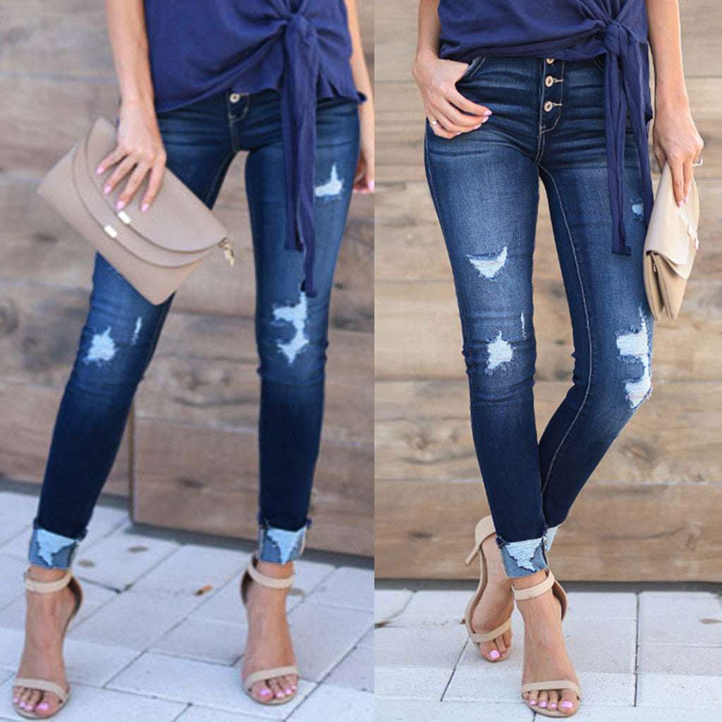 Pin buckle slim fit jeans - globaltradeleader