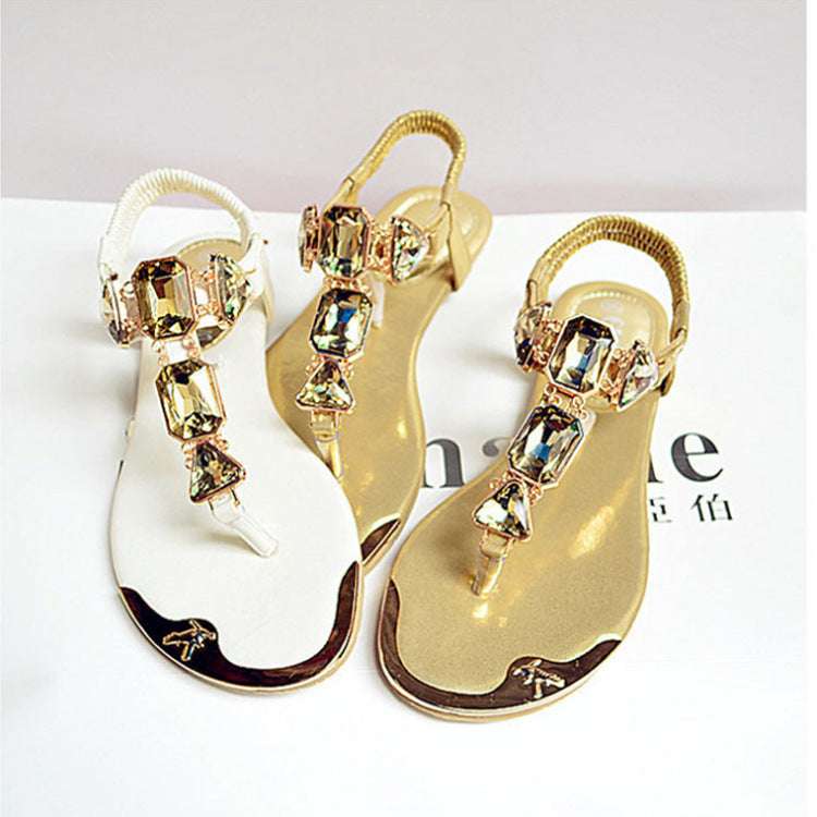 Sandals Rhinestone Back Wrist Strap Thong Herringbone Low-cut Flat Shoes Metal Toe Beach Shoes For Women