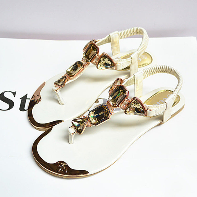 Sandals Rhinestone Back Wrist Strap Thong Herringbone Low-cut Flat Shoes Metal Toe Beach Shoes For Women