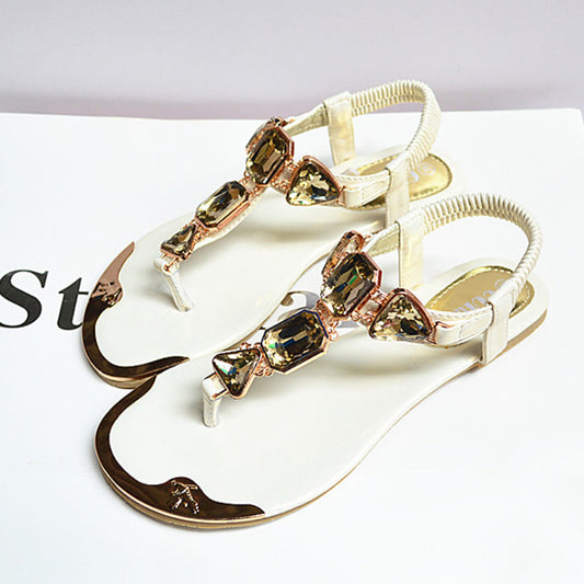 Sandals Rhinestone Back Wrist Strap Thong Herringbone Low-cut Flat Shoes Metal Toe Beach Shoes For Women