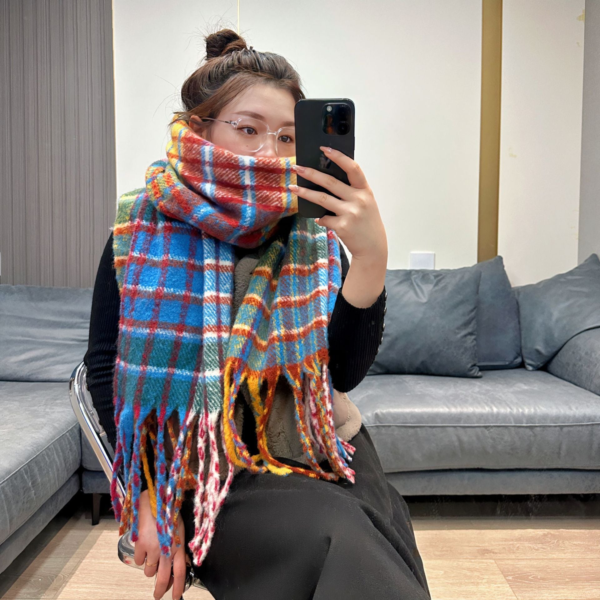 Mohair Rainbow Scarf Winter New Plaid Warm Shawl Outer Match