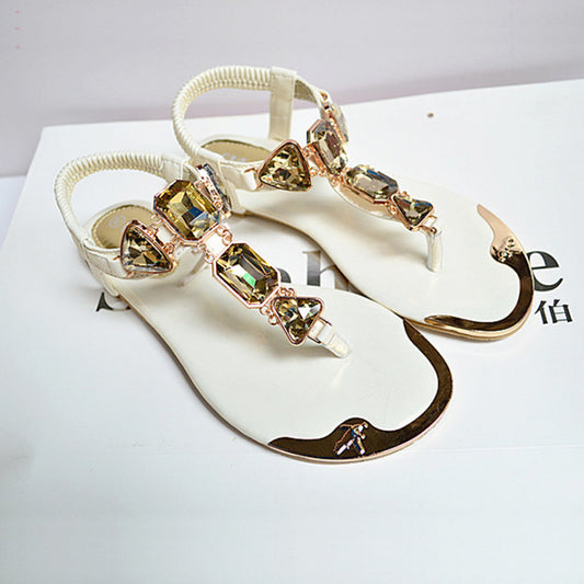Sandals Rhinestone Back Wrist Strap Thong Herringbone Low-cut Flat Shoes Metal Toe Beach Shoes For Women