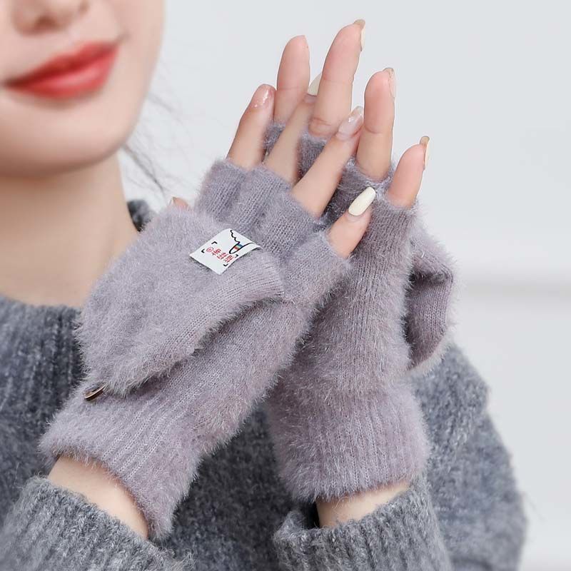 Plush Winter Half Finger Flap Warm Thickened Mink Like Knitting Gloves - globaltradeleader