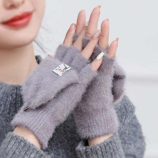 Plush Winter Half Finger Flap Warm Thickened Mink Like Knitting Gloves - globaltradeleader